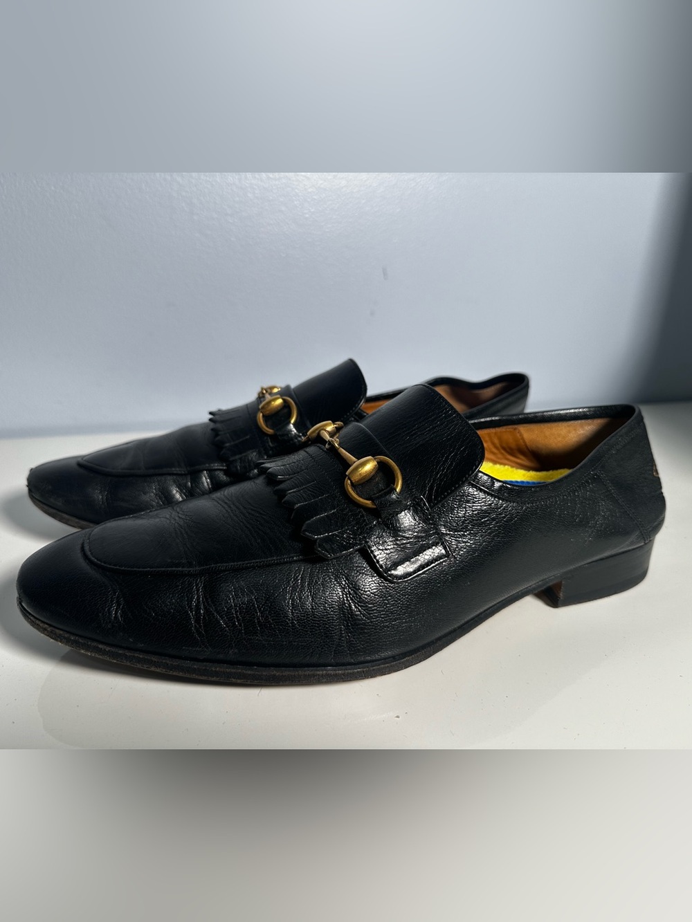 GUCCI Horsebit Collapsible Fringe Loafers shoes Black Leather Men’s 11 - Picture 2 of 10